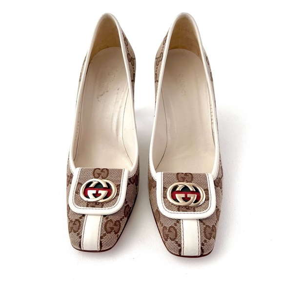 GUCCI || Vintage Supreme Monogram Canvas GG Interlocking Gold Logo Heel Pump 6 - Picture 3 of 16